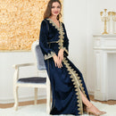 Blue Velvet Embroidery Pattern V Neck Long Sleeve Dress