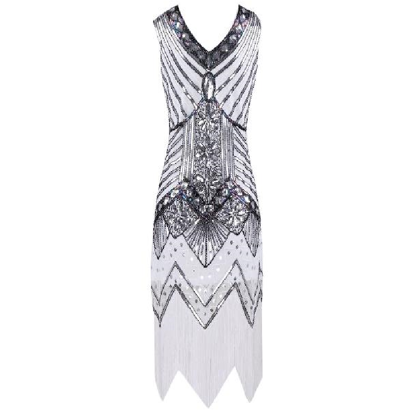 Women Dress Sequined Beading Tassel Fringe V Neck Sleeveless Bodycon Party Clubwear One-Piece