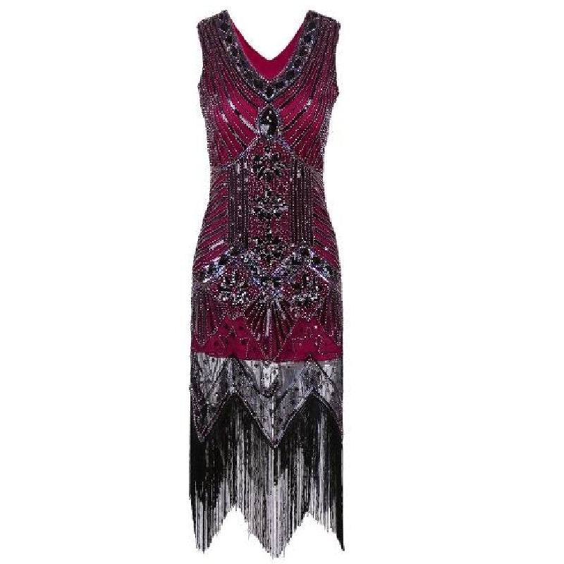 Women Dress Sequined Beading Tassel Fringe V Neck Sleeveless Bodycon Party Clubwear One-Piece