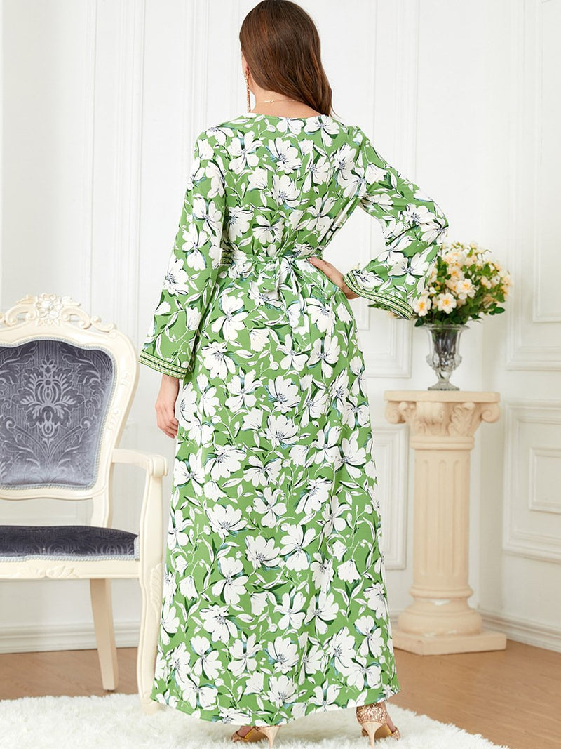 White Flowers Binded Split Design V Neck Long Sleeve Gown