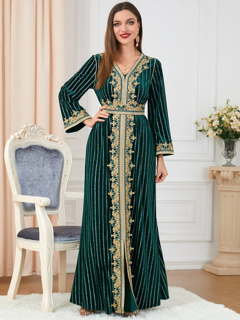 Solid Color Belt Design V Neck Long Sleeve Velvet Dress