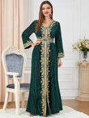 KTX-7982840709336 Solid Color Belt Design V Neck Long Sleeve Velvet Dress