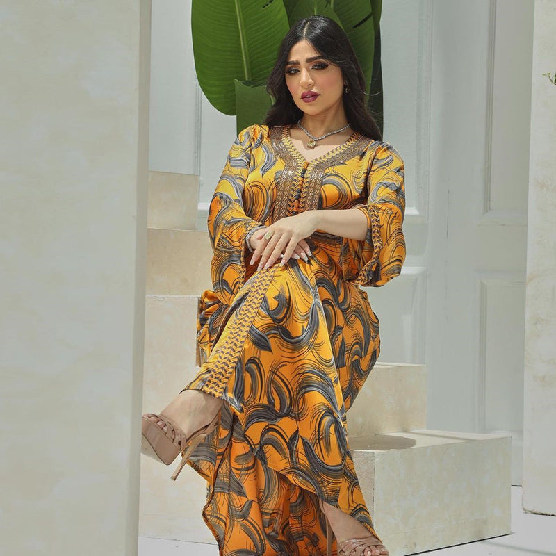 KTX-7982838055128 Binded Design Print V Neck Kaftan Dress