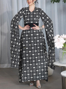 KTX-7982841757912 Folk Print Slit Long Sleeve V Neck Kaftan Dress