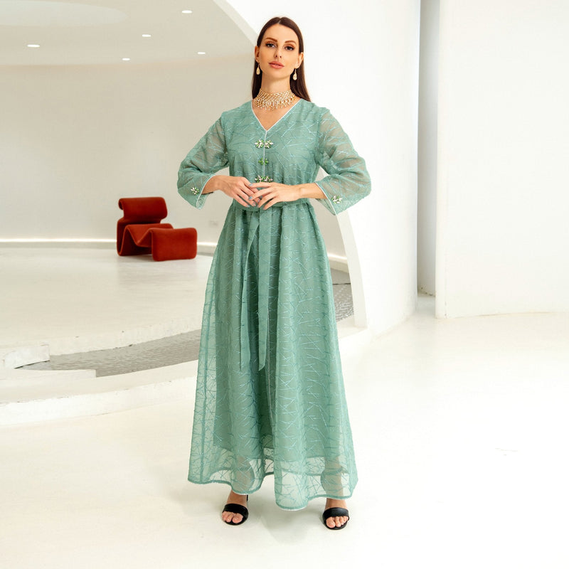 KTX-7982838841560 Perspective Mesh Sleeve Beaded Design V Neck Abaya