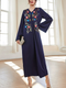 KTX-7982837629144 Flowers Embroidery V Neck Loose Lady Kaftan