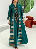 KTX-7982841200856 Sequins Embroidery Patchwork Striped V Neck Kaftan