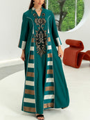 KTX-7982841200856 Sequins Embroidery Patchwork Striped V Neck Kaftan