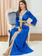 KTX-7982837989592 Blue Velvet Golden Beaded V Neck Long Sleeve Dress