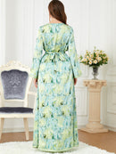 Flowers Printed Bind Design V Neck Long Sleeve Dress