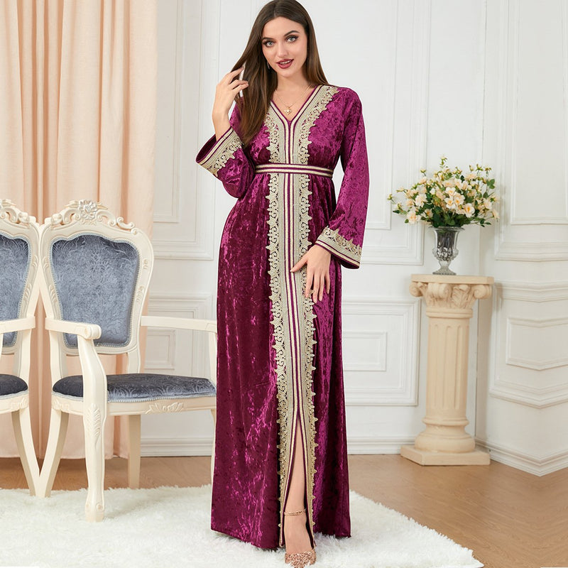 Solid Color Velvet Embroidery Pattern V Neck Long Sleeve Dress