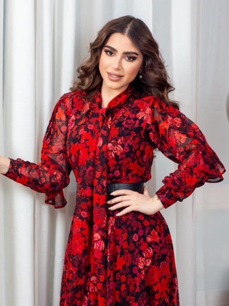 KTX-7982841561304 Floral Print Belted Long Sleeve Tie Neck Kaftan Dress