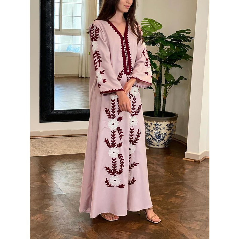 Pink flower embroidery women's long dress