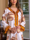 KTX-7982841299160 Leaf Print Feather Lace V Neck Long Sleeve Kaftan