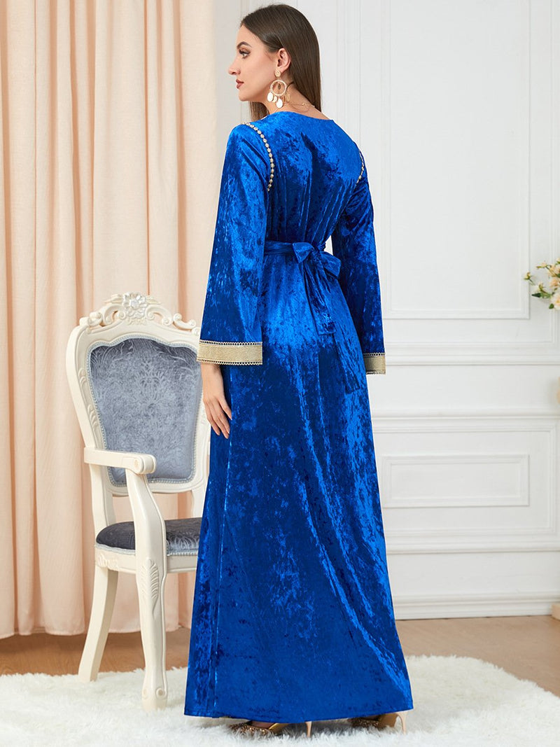 Blue Velvet Golden Beaded V Neck Long Sleeve Dress