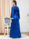 KTX-7982837989592 Blue Velvet Golden Beaded V Neck Long Sleeve Dress