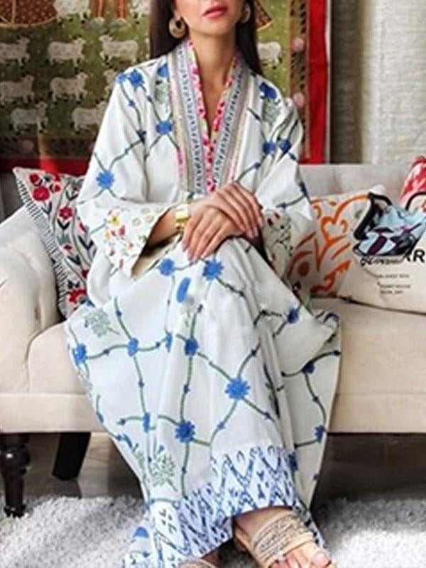 KTX-7982700167384 V neck long sleeve blue printed maxi kaftan dress