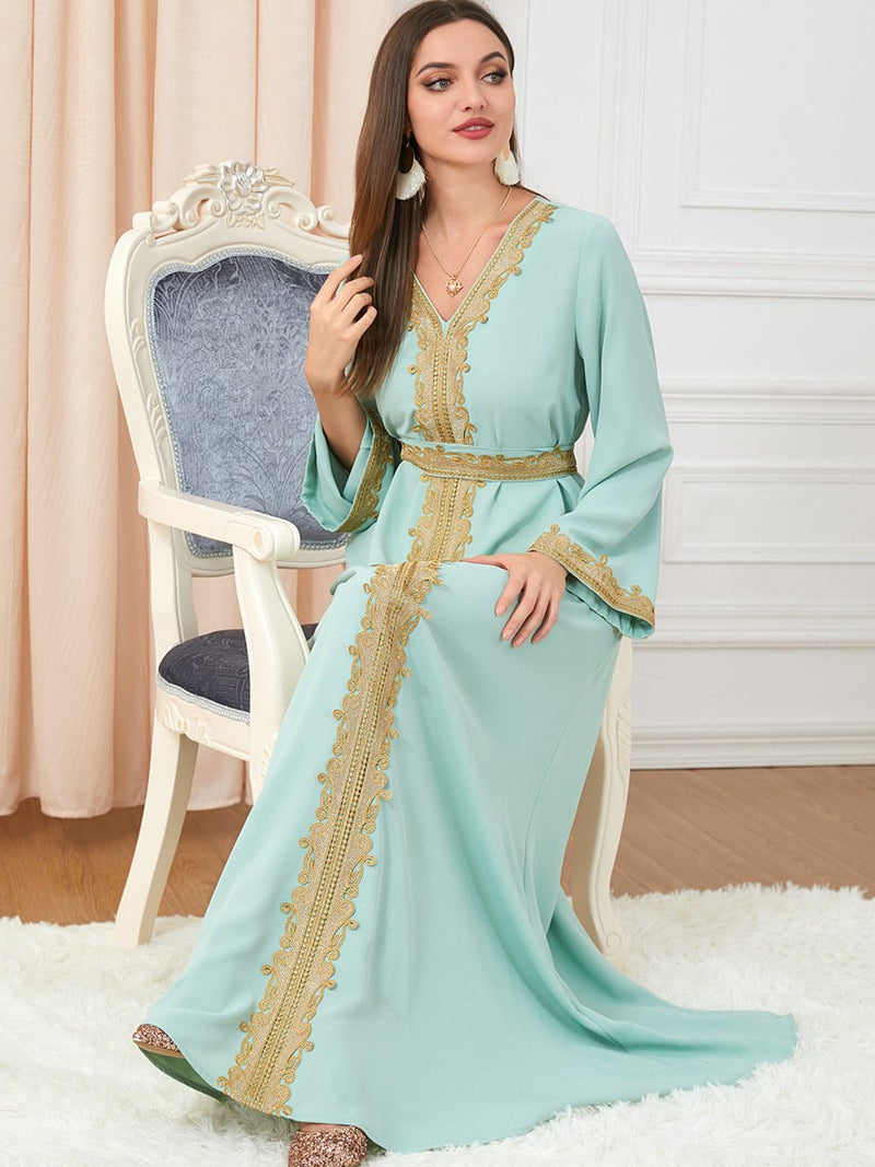 KTX-7982840545496 Embroidery Pattern Bind Design V Neck Long Sleeve Green Dress