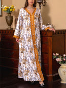 KTX-7982839562456 Elegant Floral Print Cuff Lace V Neck Kaftan