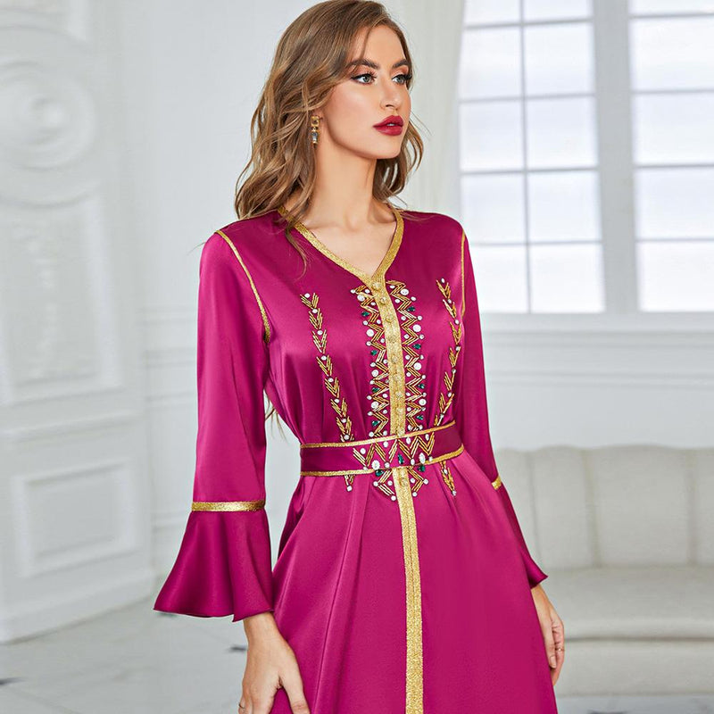 KTX-7982837137624 Embroidered Rhinestone Lotus Sleeve Split Belt Casual Dress