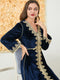 Blue Velvet Embroidery Pattern V Neck Long Sleeve Dress