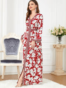 White Flowers Binded Split Design V Neck Long Sleeve Gown