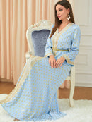 Golden Printed Belt Design V Neck Long Sleeve Blue Dress