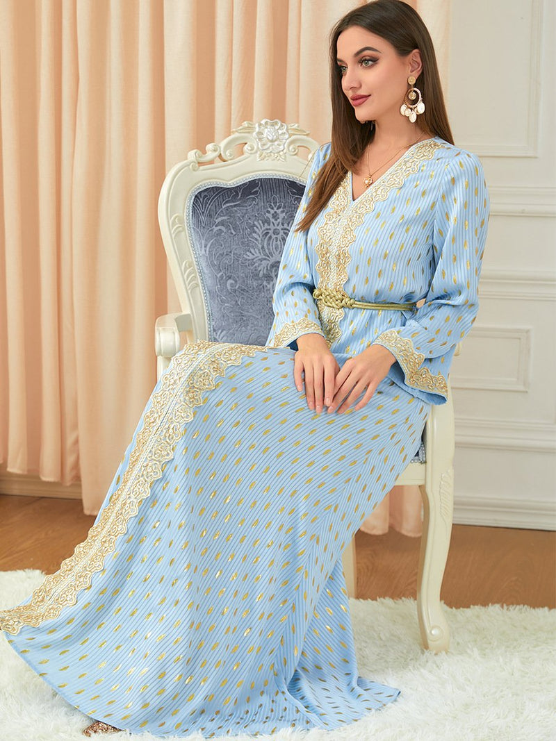 KTX-7982837334232 Golden Printed Belt Design V Neck Long Sleeve Blue Dress