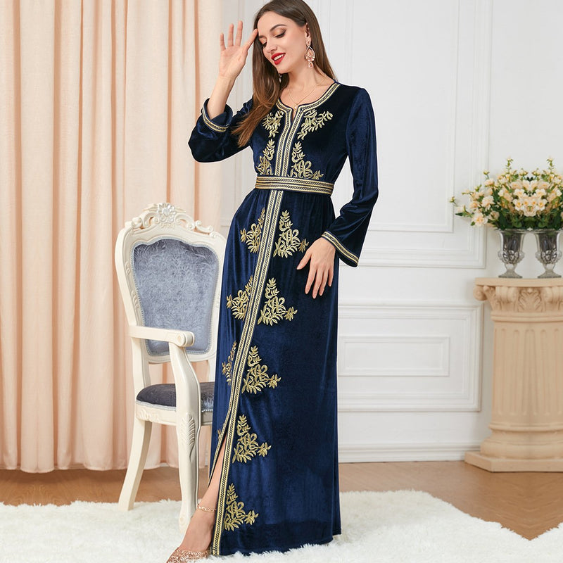 Blue Velvet V Neck Split Golden Print Long Sleeve Evening Dress