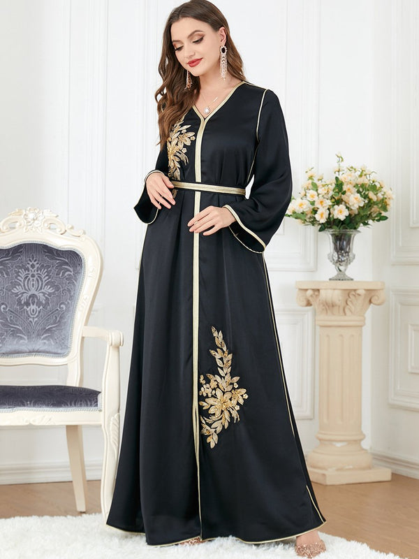 Gold Flowers Bind Design Split Long Sleeve Elegant Gown