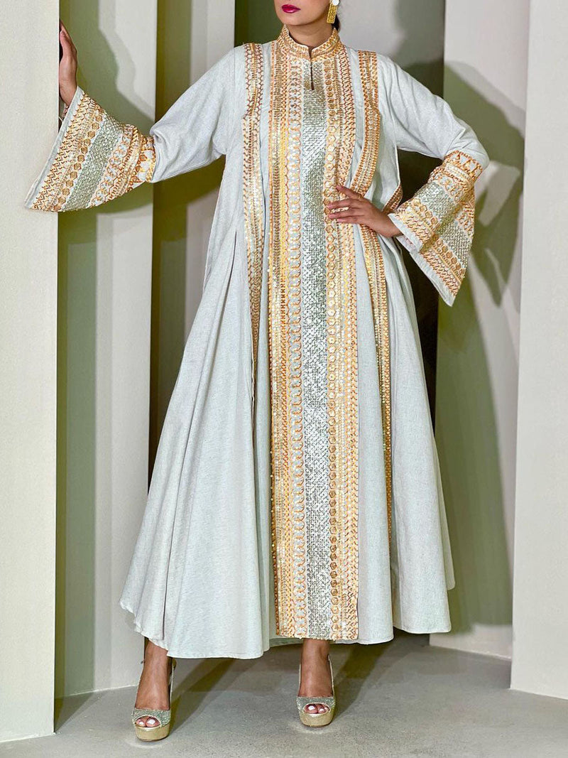 KTX-7982837924056 Elegant Stand Up Collar Long Sleeve Kaftan