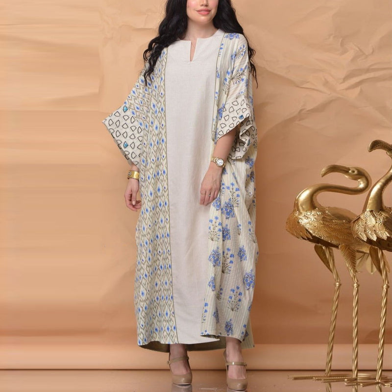 KTX-7981934313688 women v neck long sleeve batwing sleeve full-length casual pattern kaftan with floral printed