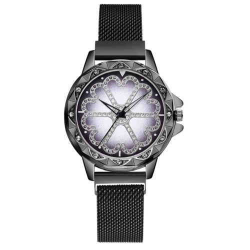 Crystal Flower Dial Face Women Watch Wristwatch with Magnet Strap Band