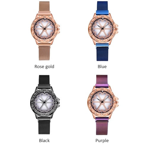 Crystal Flower Dial Face Women Watch Wristwatch with Magnet Strap Band