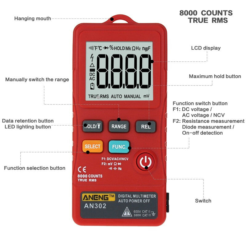 AN302 Portable Ultra-Thin Digital Multimeter - Red