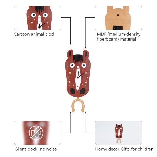 ساعة حيوانات كرتونية من توارت، ساعة رأس حصان متأرجحة، ساعة حائط خشبية MDF