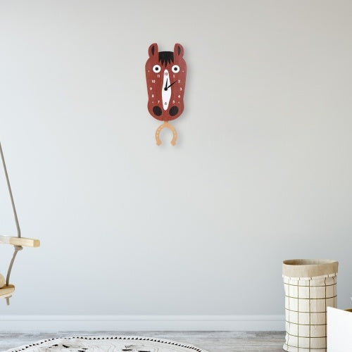 Tooarts Cartoon Animal Clock, Swinging Horse Head Clock, MDF Wooden Wall Clock