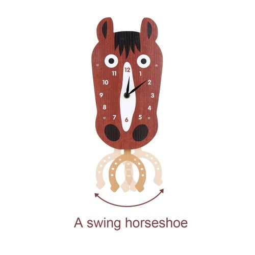 Tooarts Cartoon Animal Clock, Swinging Horse Head Clock, MDF Wooden Wall Clock