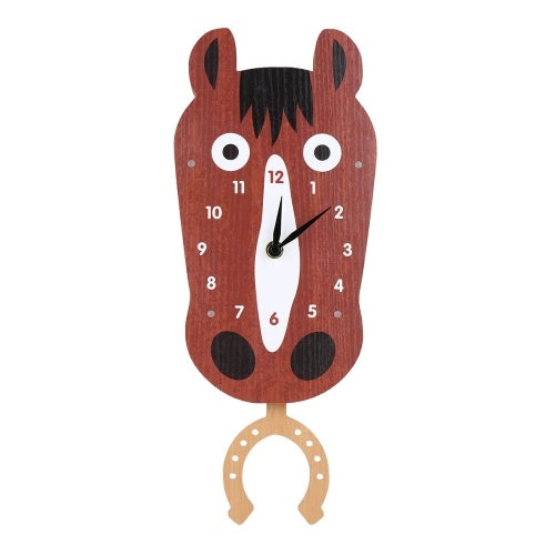 Tooarts Cartoon Animal Clock, Swinging Horse Head Clock, MDF Wooden Wall Clock