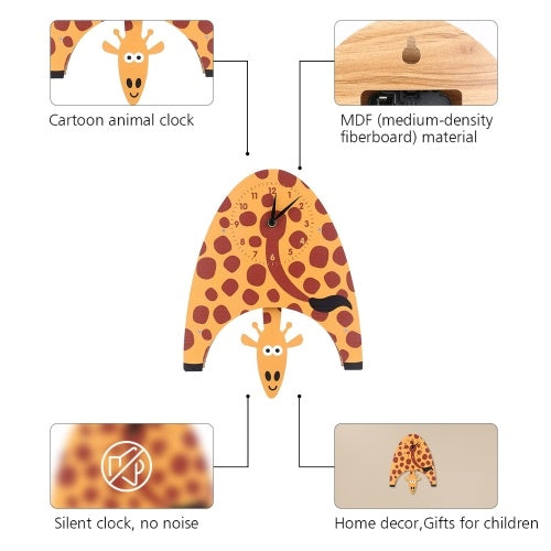 Tooarts Cartoon Animal Clock, Swinging Giraffe Clock, MDF Wooden Wall Clock