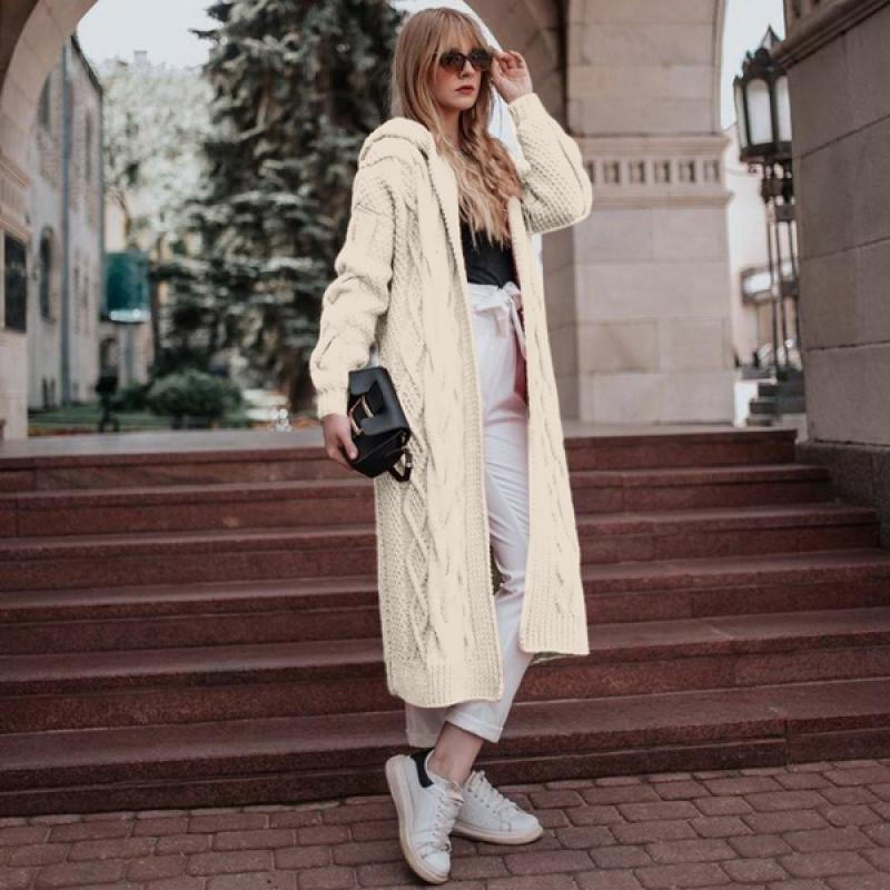 Autumn Winter Women Knitted Cardigan Sweater Long Sleeve - White