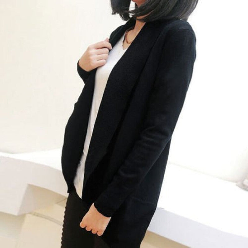 Autumn Winter Women Long Sleeve Knitted Sweater Cardigan - Black