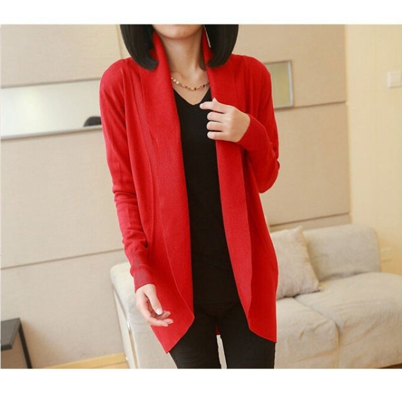 Autumn Winter Women Long Sleeve Knitted Sweater Cardigan - Red