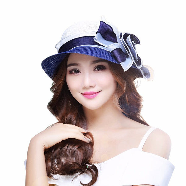 B-3144 Women Korean Beach Flower Hat - Blue