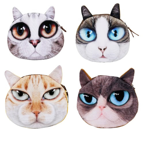 Cute Fashion Women Coin Purse 3D Cat Animal Head Print Tail Mini Wallet Zipper Closure Small Clutch Bag