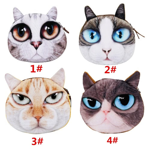 Cute Fashion Women Coin Purse 3D Cat Animal Head Print Tail Mini Wallet Zipper Closure Small Clutch Bag