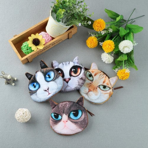 Cute Fashion Women Coin Purse 3D Cat Animal Head Print Tail Mini Wallet Zipper Closure Small Clutch Bag