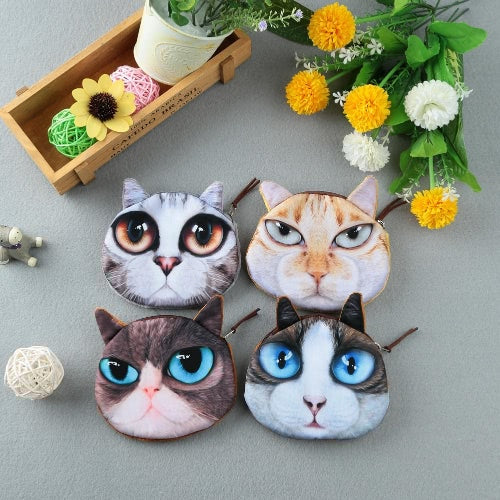 Cute Fashion Women Coin Purse 3D Cat Animal Head Print Tail Mini Wallet Zipper Closure Small Clutch Bag