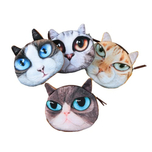 Cute Fashion Women Coin Purse 3D Cat Animal Head Print Tail Mini Wallet Zipper Closure Small Clutch Bag