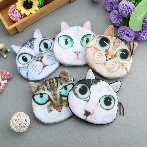 Cute Fashion Women Mini Coin Purse Wallet Cat Animal Head Print Zipper Closure Small Clutch Bag